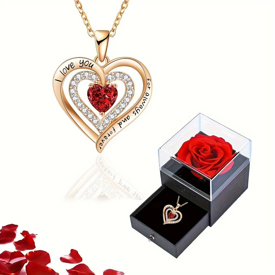 Luxury Red Heart Necklace with Rose Flower Gift Box