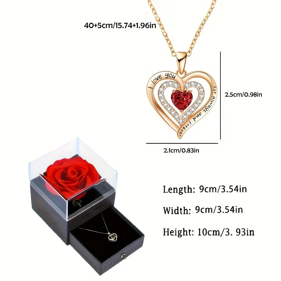 Luxury Red Heart Necklace with Rose Flower Gift Box