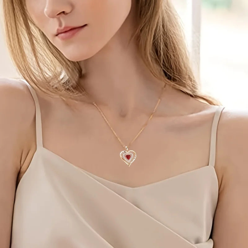 Luxury Red Heart Necklace with Rose Flower Gift Box